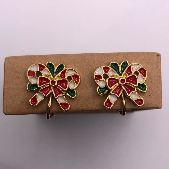 Vintage 90s Enameled Candy Cane Earrings - Picture 1 of 5